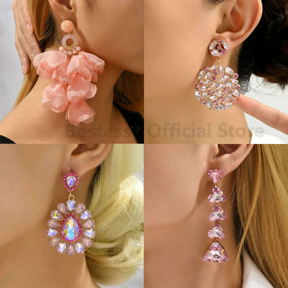 Pink Luxury Crystal Drop Earrings For Women 2023 Trend Flower Petals Feather High Quality Ear Ring Party Romantic Jewelry Gifts - KIMLUD