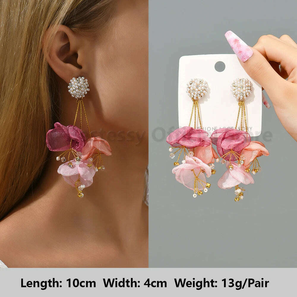 KIMLUD, Pink Luxury Crystal Drop Earrings For Women 2023 Trend Flower Petals Feather High Quality Ear Ring Party Romantic Jewelry Gifts, KIMLUD Womens Clothes