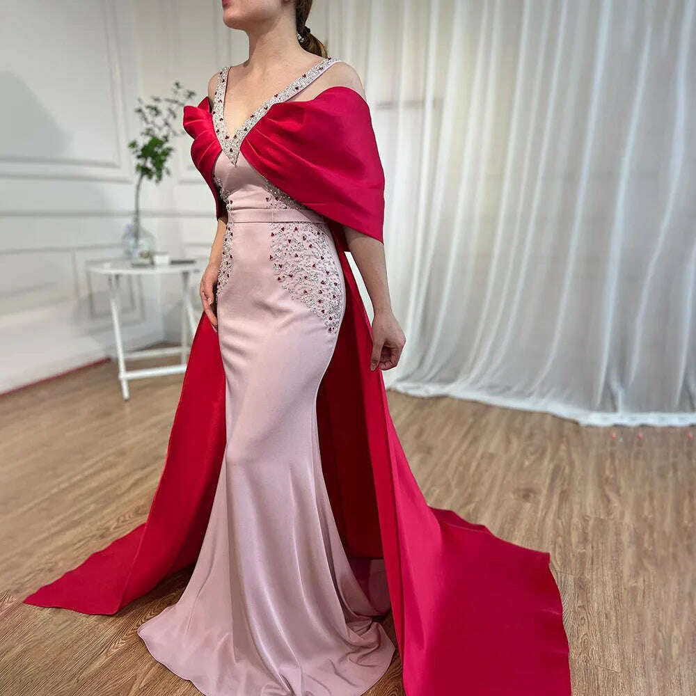 KIMLUD, Pink Mermaid Elegant Evening Dresses Gowns 2023 Satin Beading Shawl Yarn Sexy For Women Wedding Party BLA72121 Serene Hill, KIMLUD Womens Clothes