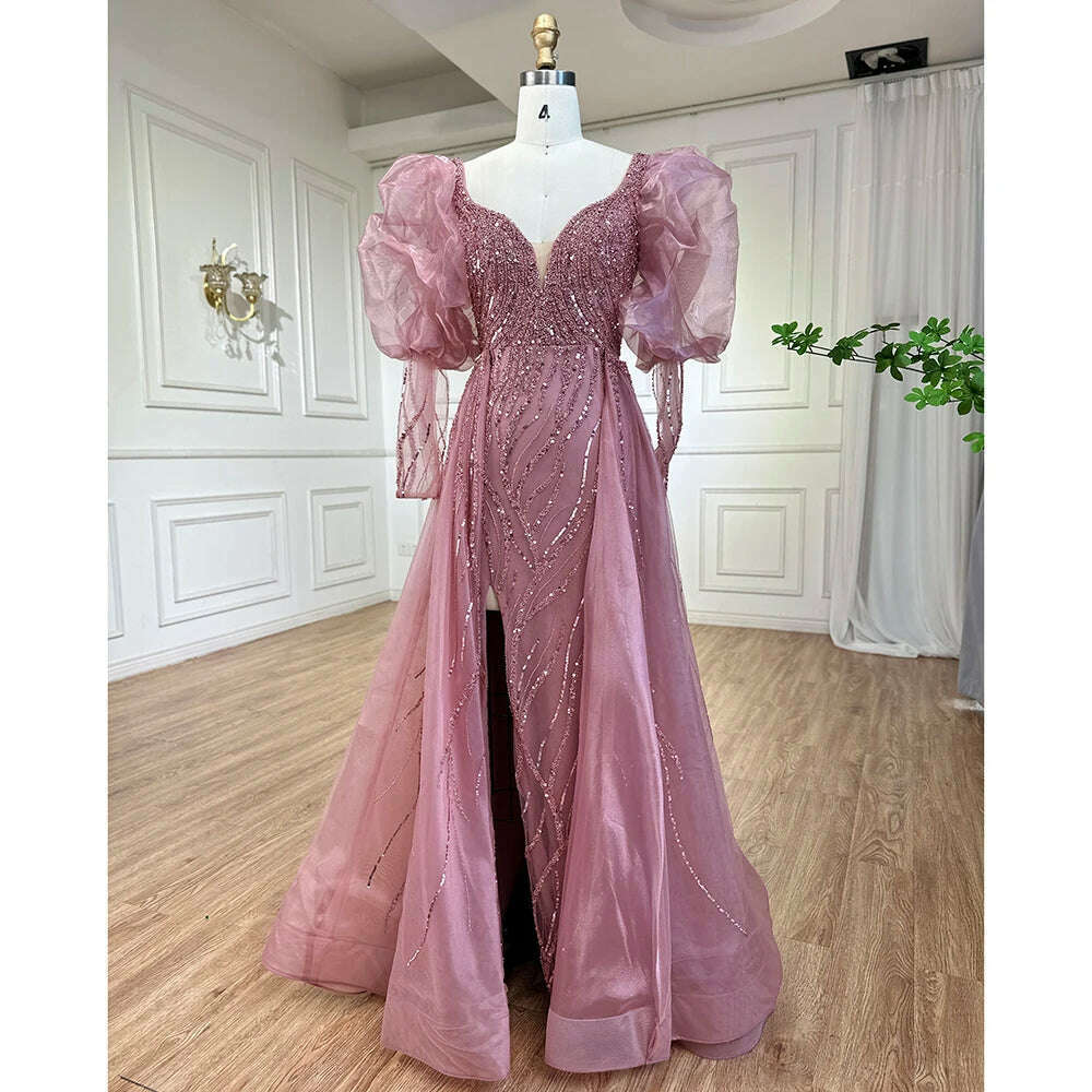 KIMLUD, Pink Mermaid Sexy High Split Over Skirt Beaded Dubai Evening Dresses Gown Long 2023 For Women Wedding Party BLA71948 Serene Hill, pink / 2, KIMLUD APPAREL - Womens Clothes