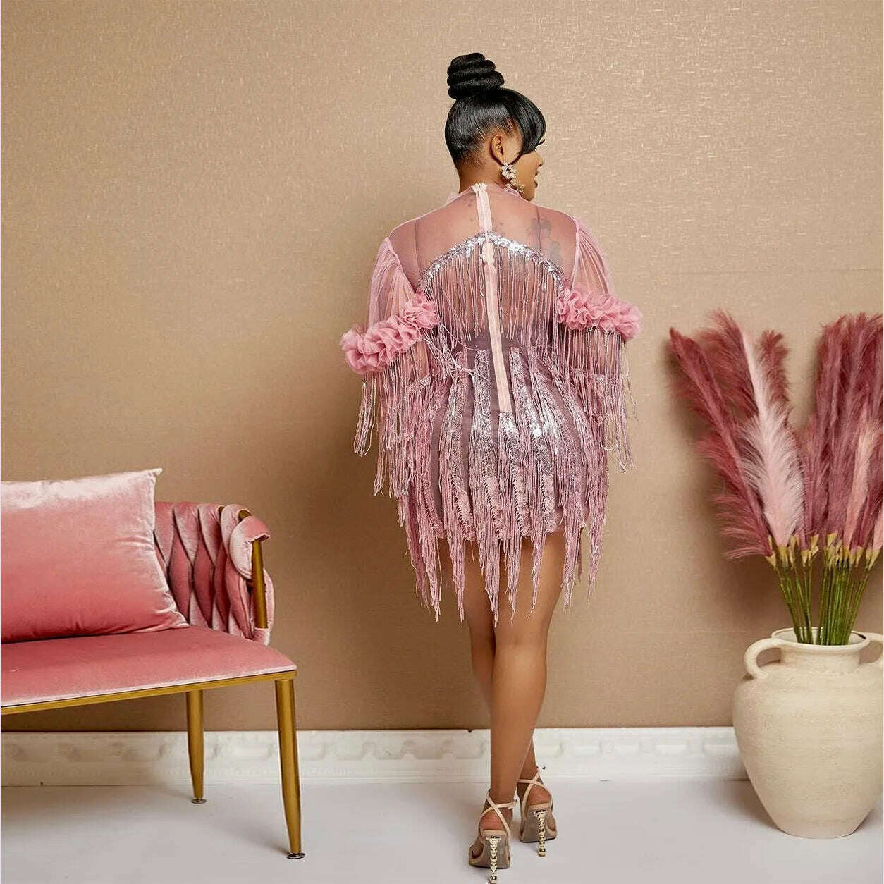 KIMLUD, Pink Sequin Fringe Dress Lady Party Bodycon Evening Dresses 2024 Women Summer Elegant Luxury Mini Pleated Mesh Ruffle Dresses, KIMLUD Womens Clothes