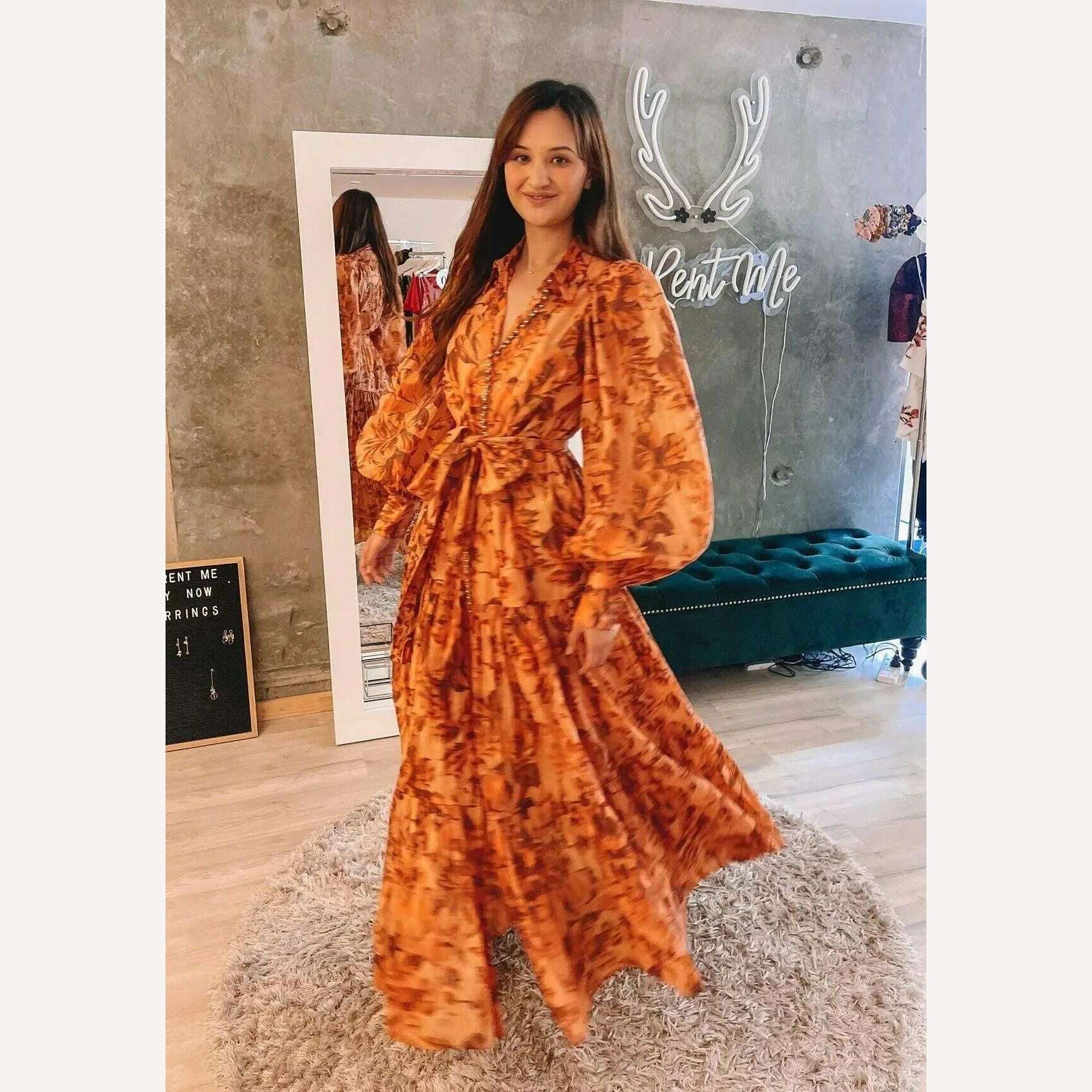 KIMLUD, Pinkoz runway designer summer spring orange printed maxi dress single breasted lantern sleeve long party holiday vestidos sashes, KIMLUD Womens Clothes