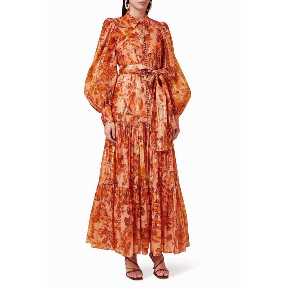 KIMLUD, Pinkoz runway designer summer spring orange printed maxi dress single breasted lantern sleeve long party holiday vestidos sashes, KIMLUD Womens Clothes