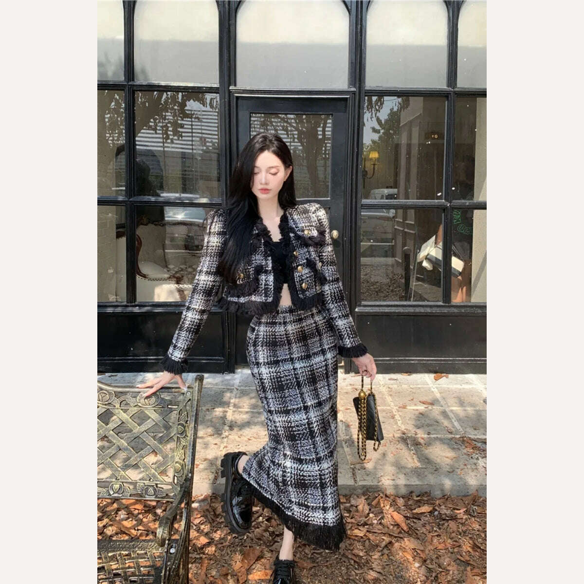 KIMLUD, Plaid Celebrity Style New Suit Women Fashion Elegant Long-sleeved Short Coat High Waist Hip Wrap Long Skirt Two-piece Set Winter, Black / S, KIMLUD APPAREL - Womens Clothes