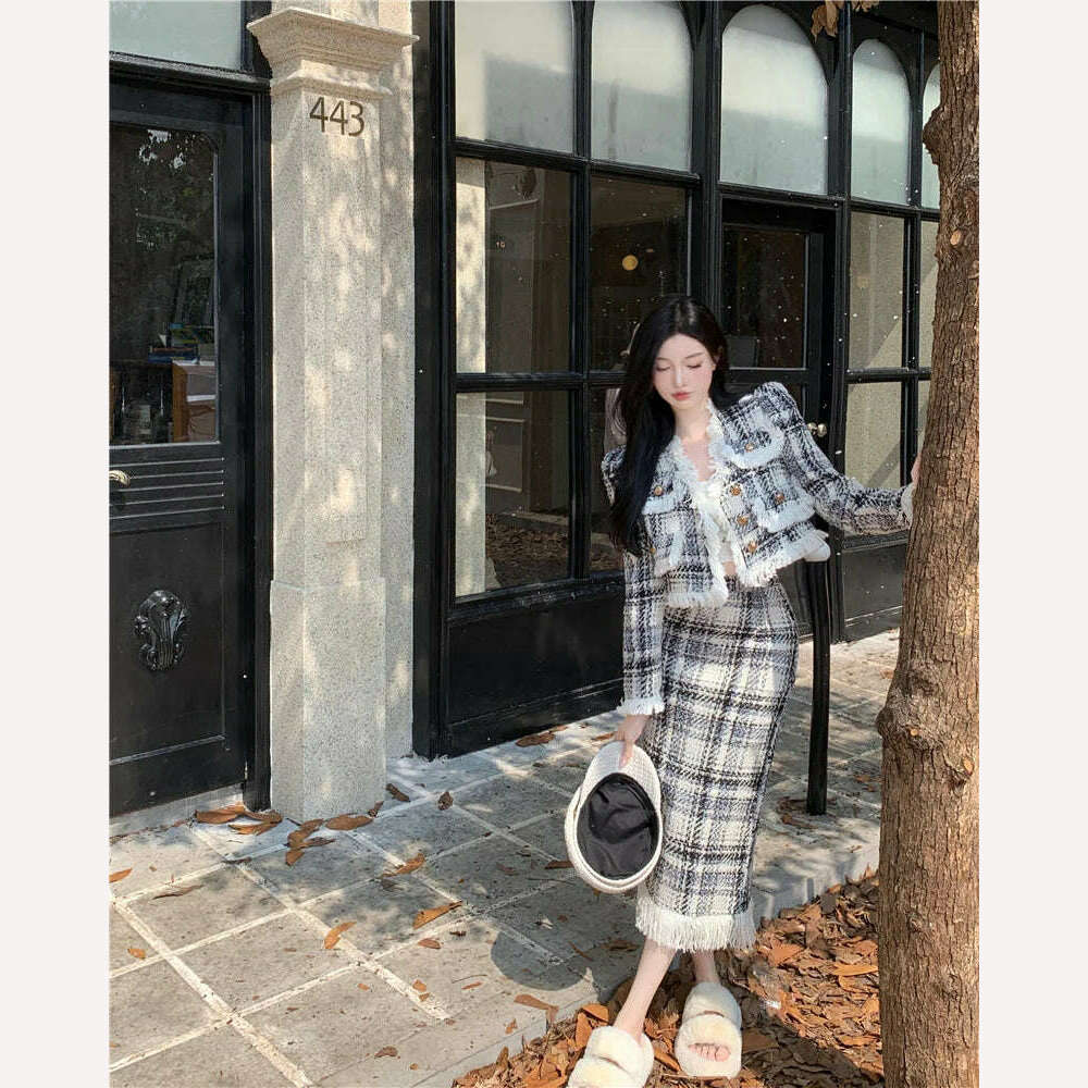 KIMLUD, Plaid Celebrity Style New Suit Women Fashion Elegant Long-sleeved Short Coat High Waist Hip Wrap Long Skirt Two-piece Set Winter, KIMLUD Womens Clothes