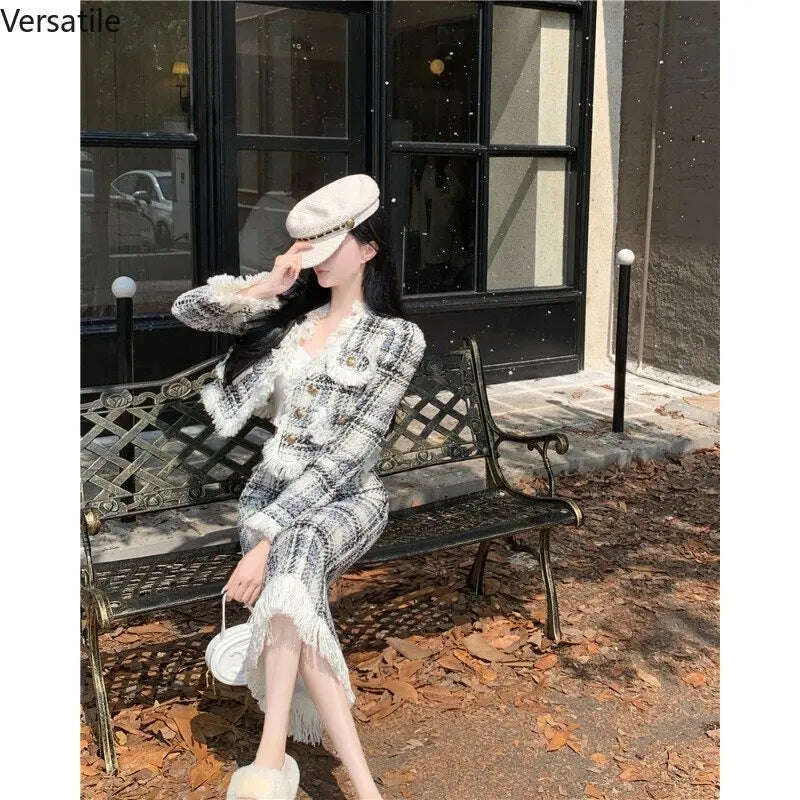 KIMLUD, Plaid Celebrity Style New Suit Women Fashion Elegant Long-sleeved Short Coat High Waist Hip Wrap Long Skirt Two-piece Set Winter, KIMLUD Womens Clothes