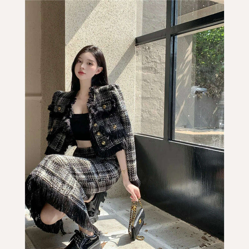 KIMLUD, Plaid Celebrity Style New Suit Women Fashion Elegant Long-sleeved Short Coat High Waist Hip Wrap Long Skirt Two-piece Set Winter, KIMLUD Womens Clothes