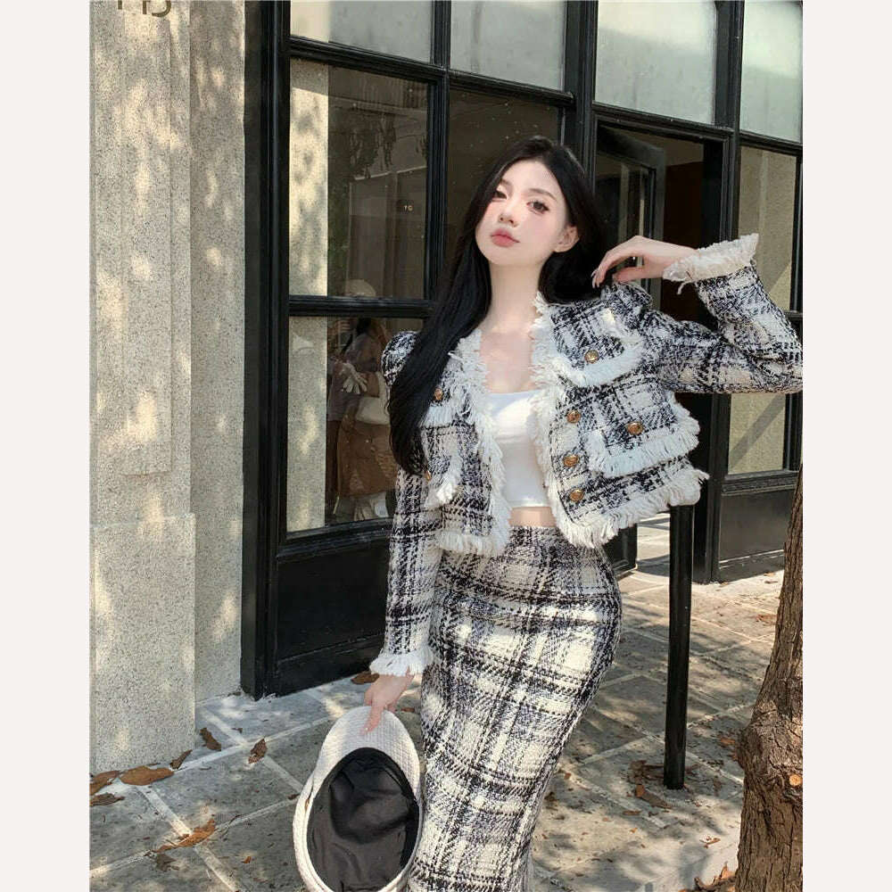 KIMLUD, Plaid Celebrity Style New Suit Women Fashion Elegant Long-sleeved Short Coat High Waist Hip Wrap Long Skirt Two-piece Set Winter, KIMLUD Womens Clothes