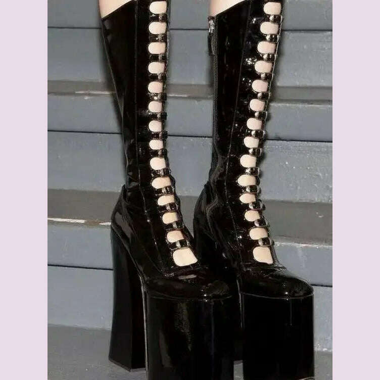 Platform Patent Leather Gothic Summer Boots 2024 New Round Toe Buckle Sexy Girl Boots Plus Size Fashion Women Thick High Heels - KIMLUD