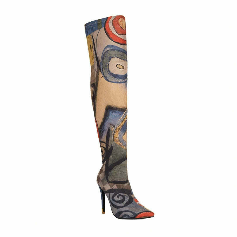 KIMLUD, Plus Size Art Graffiti Over Knee Boots Pointed Toe Ultra-High Fine Heel Elastic Fabric Material Women's Long Boots Printed Boots, Blue(AE存量)**** / 34 / CHINA, KIMLUD APPAREL - Womens Clothes