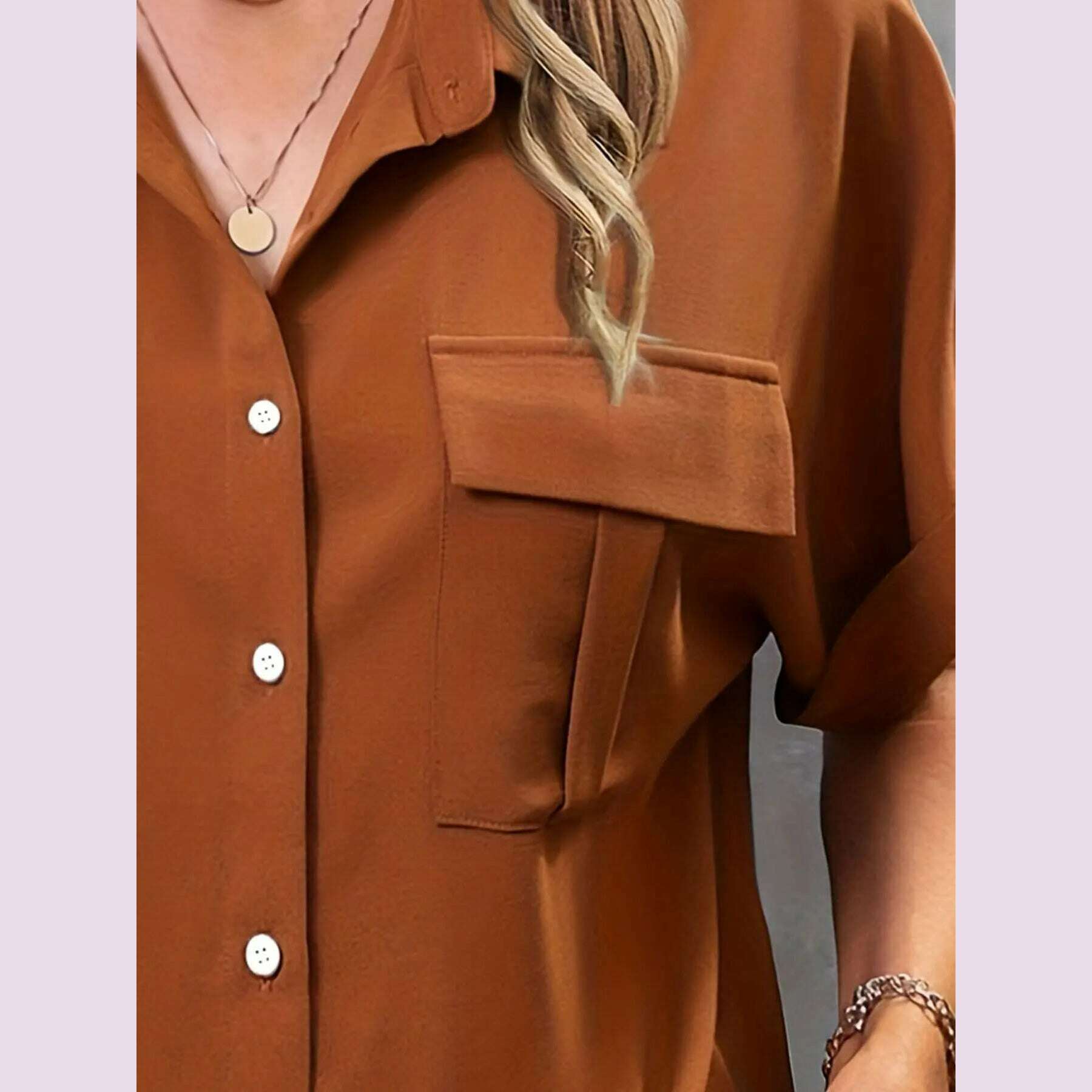 KIMLUD, Plus Size Casual Blouse, Women's Plus Solid Roll Up Short Sleeve Turn Down Collar Button Up Shirt Top With Flap Pockets, KIMLUD Womens Clothes