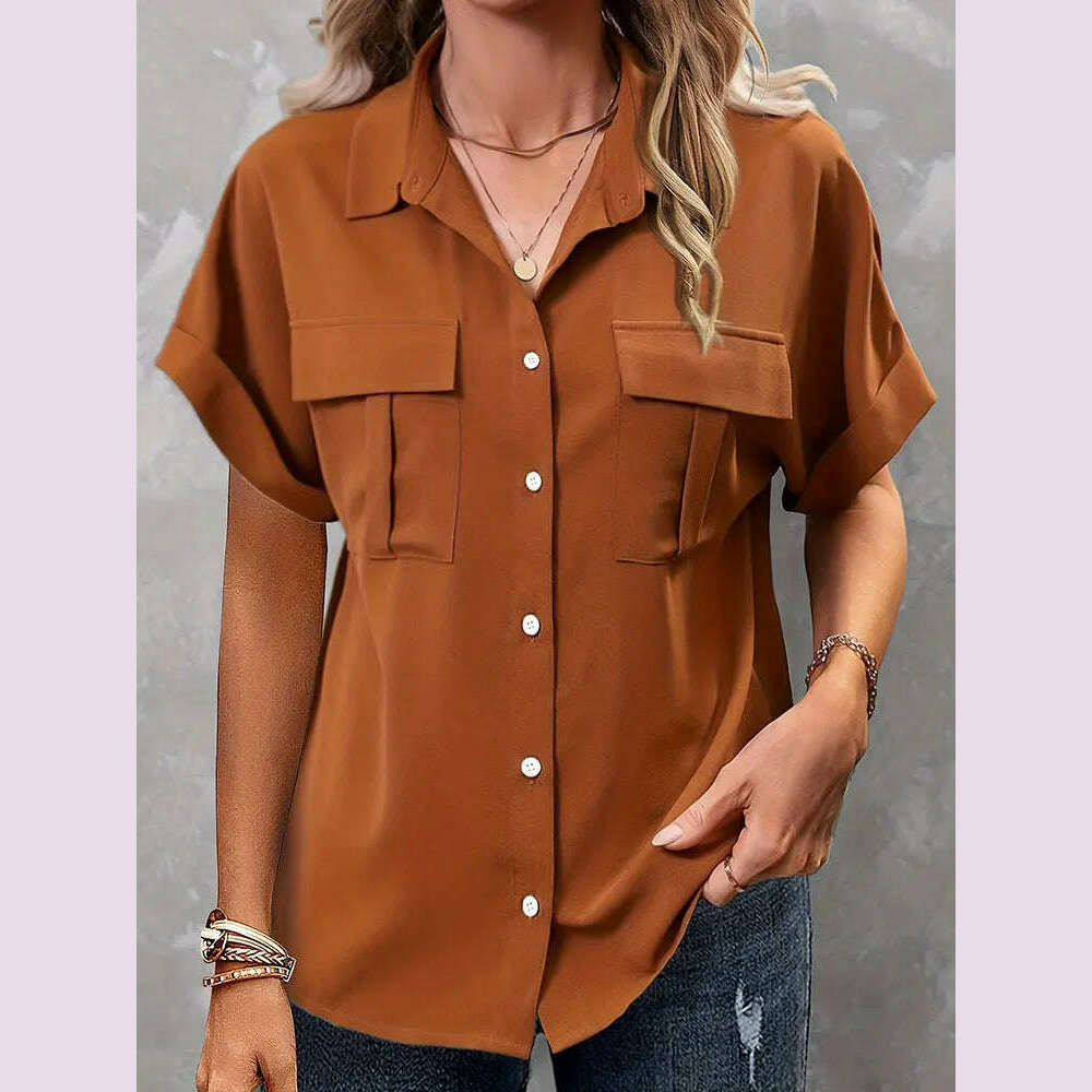 KIMLUD, Plus Size Casual Blouse, Women's Plus Solid Roll Up Short Sleeve Turn Down Collar Button Up Shirt Top With Flap Pockets, Orange / XXL, KIMLUD APPAREL - Womens Clothes