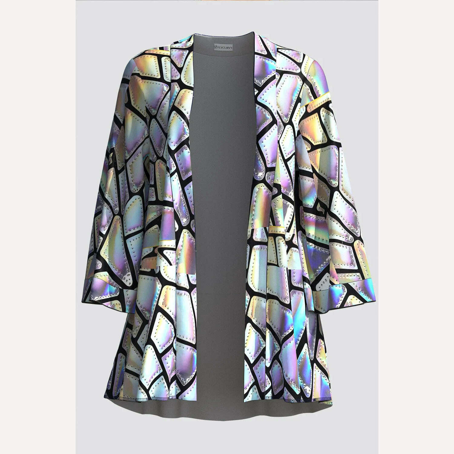 KIMLUD, Plus Size Casual Silver Laser Geometric Print Cardigan Coat Long Sleeved Short Jacket Fashionable Lady Elegant Streetwear 2024, KIMLUD Womens Clothes