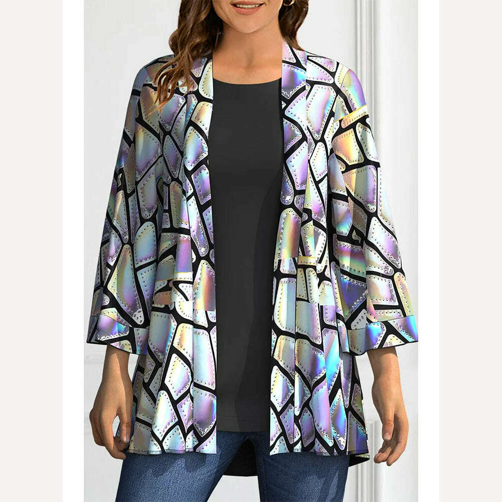 KIMLUD, Plus Size Casual Silver Laser Geometric Print Cardigan Coat Long Sleeved Short Jacket Fashionable Lady Elegant Streetwear 2024, Silver / XXXL, KIMLUD APPAREL - Womens Clothes