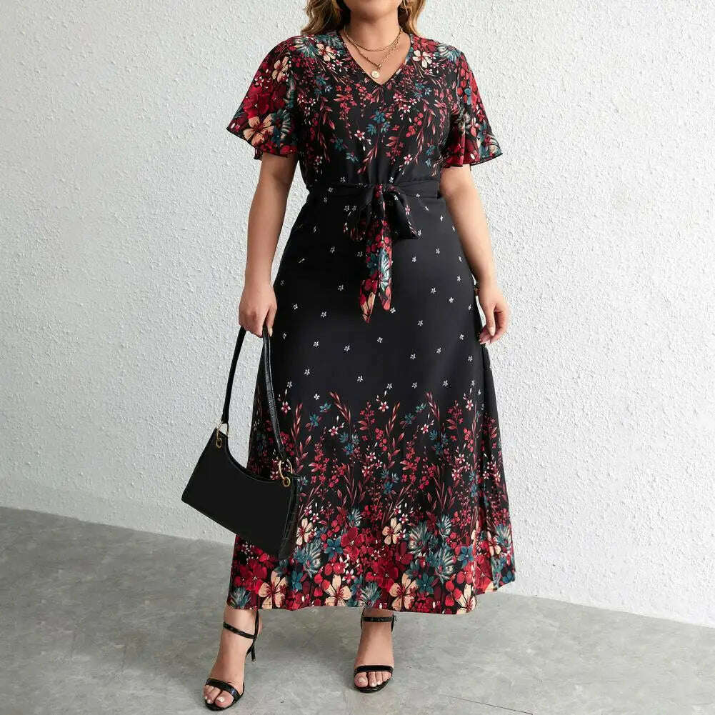 Plus Size Floral Print Dress Floral Print A-line Maxi Dress with Lace-up Belt V Neck for Women Plus Size Ankle Length Party Prom - KIMLUD