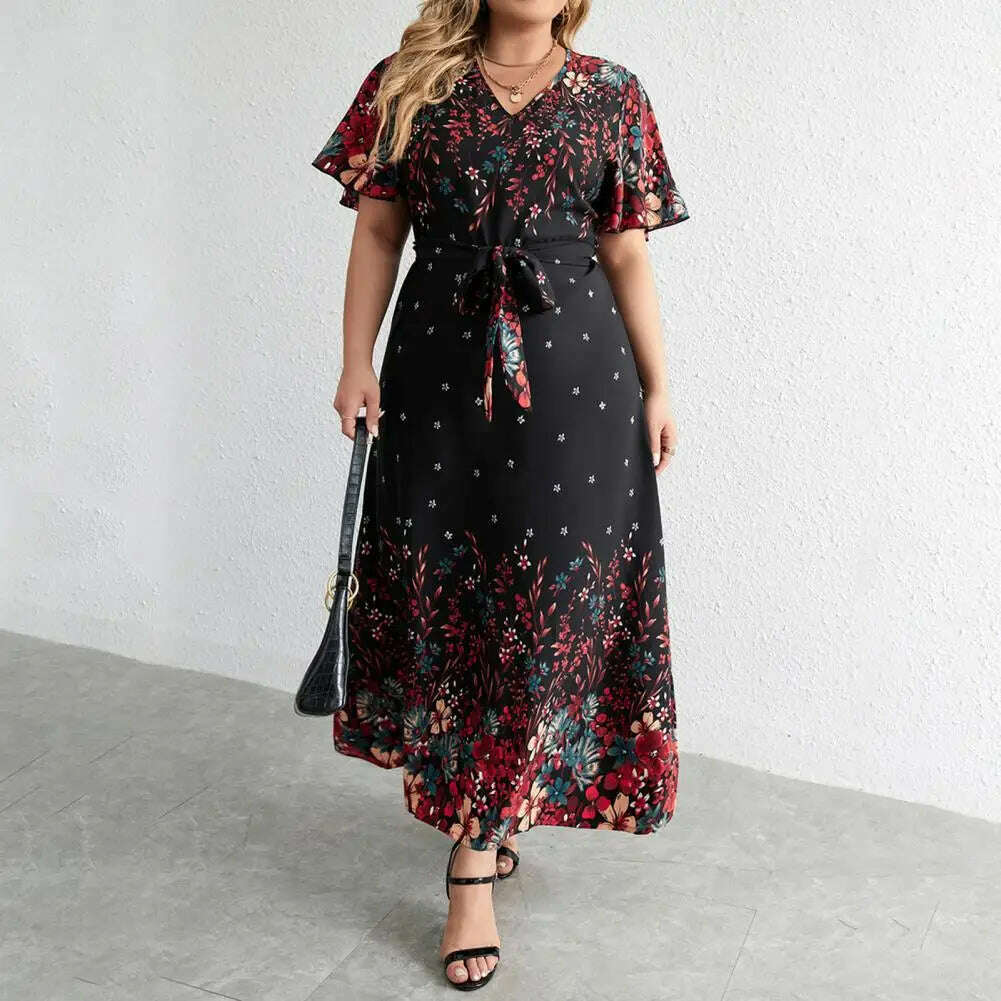 KIMLUD, Plus Size Floral Print Dress Floral Print A-line Maxi Dress with Lace-up Belt V Neck for Women Plus Size Ankle Length Party Prom, KIMLUD Womens Clothes