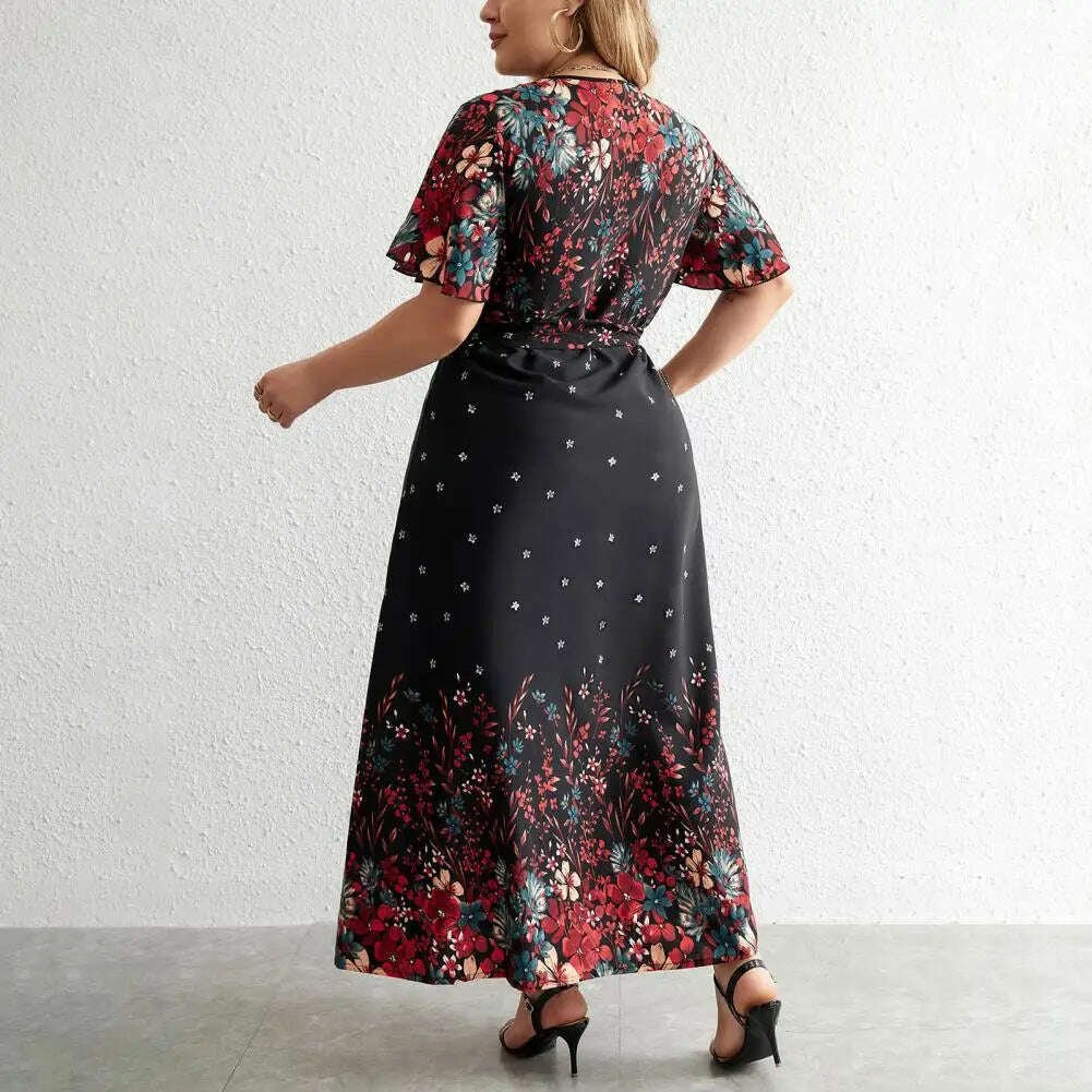 KIMLUD, Plus Size Floral Print Dress Floral Print A-line Maxi Dress with Lace-up Belt V Neck for Women Plus Size Ankle Length Party Prom, KIMLUD Womens Clothes