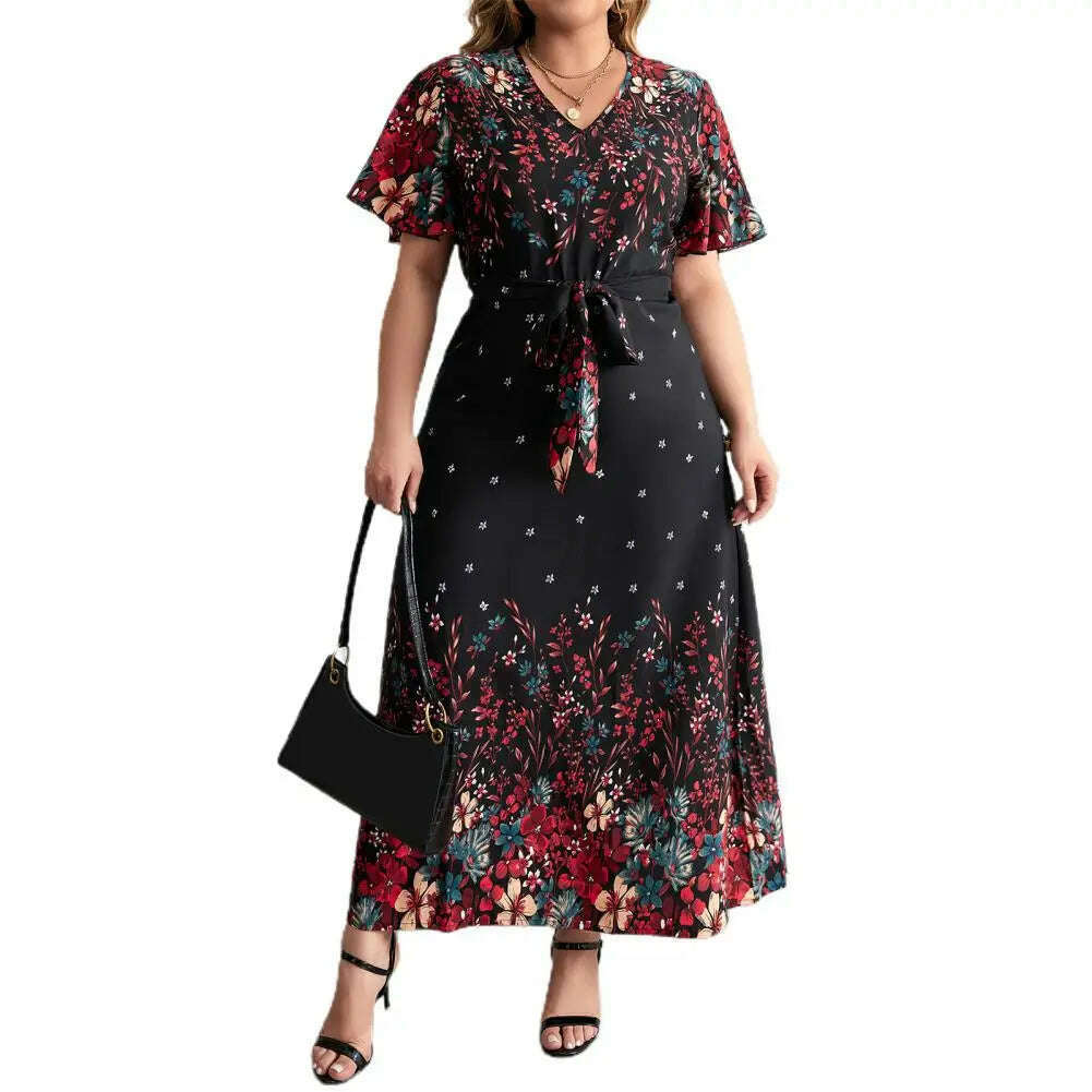 Plus Size Floral Print Dress Floral Print A-line Maxi Dress with Lace-up Belt V Neck for Women Plus Size Ankle Length Party Prom - KIMLUD