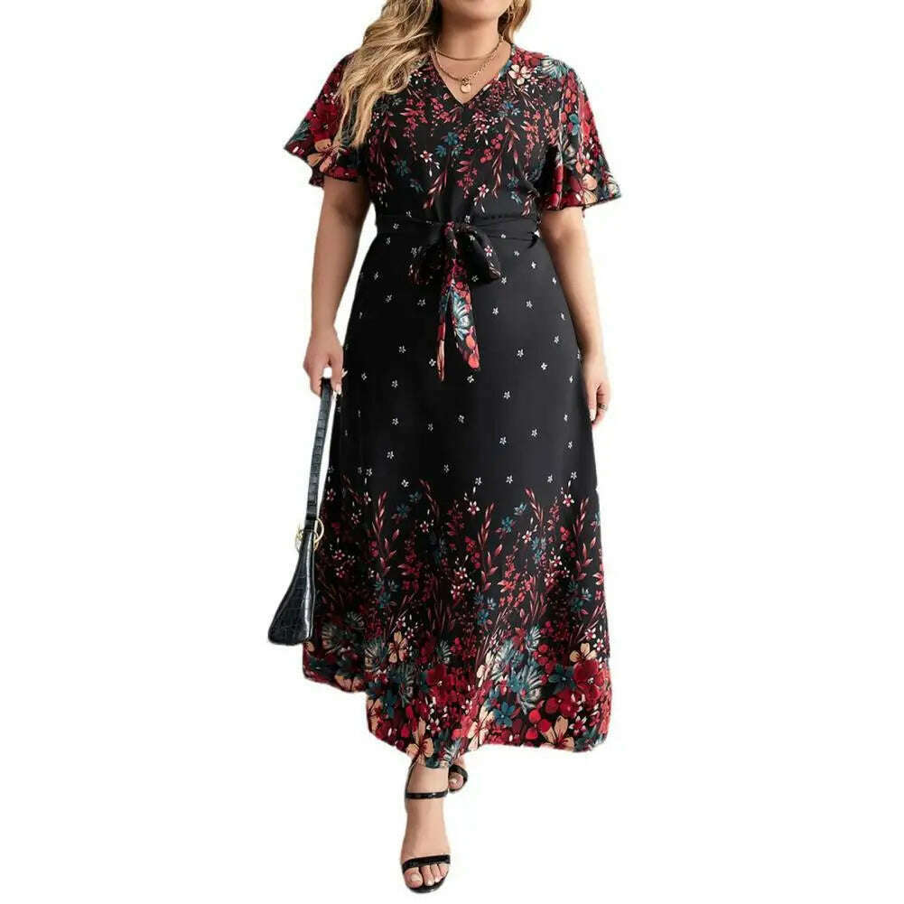 Plus Size Floral Print Dress Floral Print A-line Maxi Dress with Lace-up Belt V Neck for Women Plus Size Ankle Length Party Prom - KIMLUD