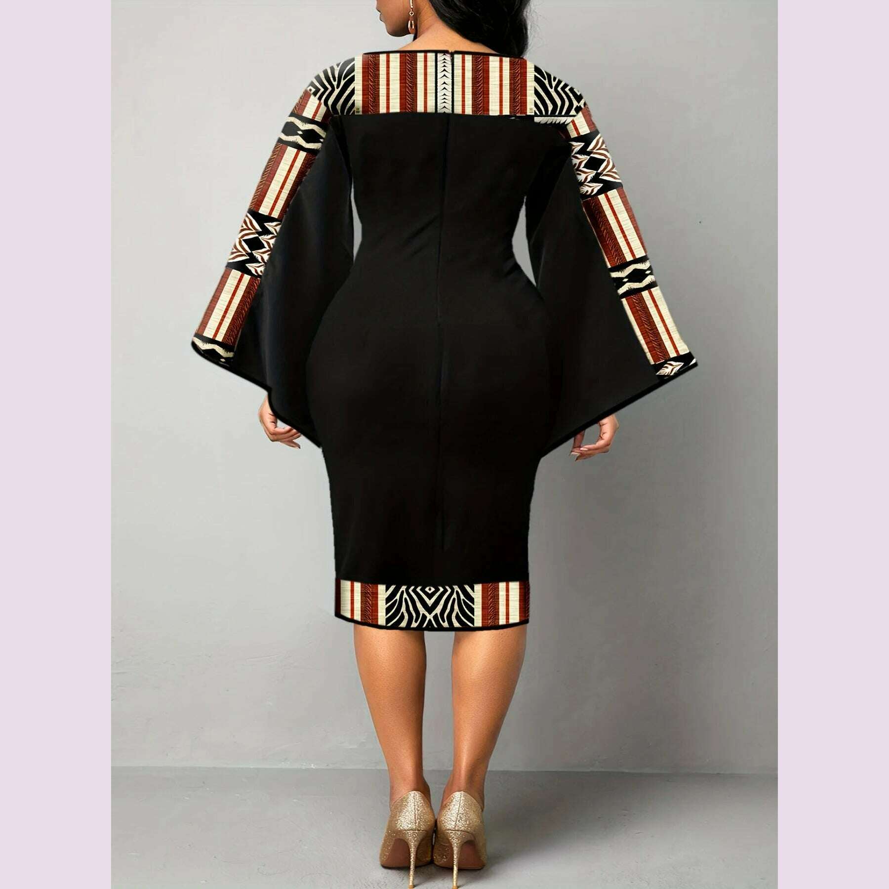 Plus size Large size elegant dress with geometric print, round neck, flared sleeves, fashionable slim fit, slim fit, Elegant - KIMLUD