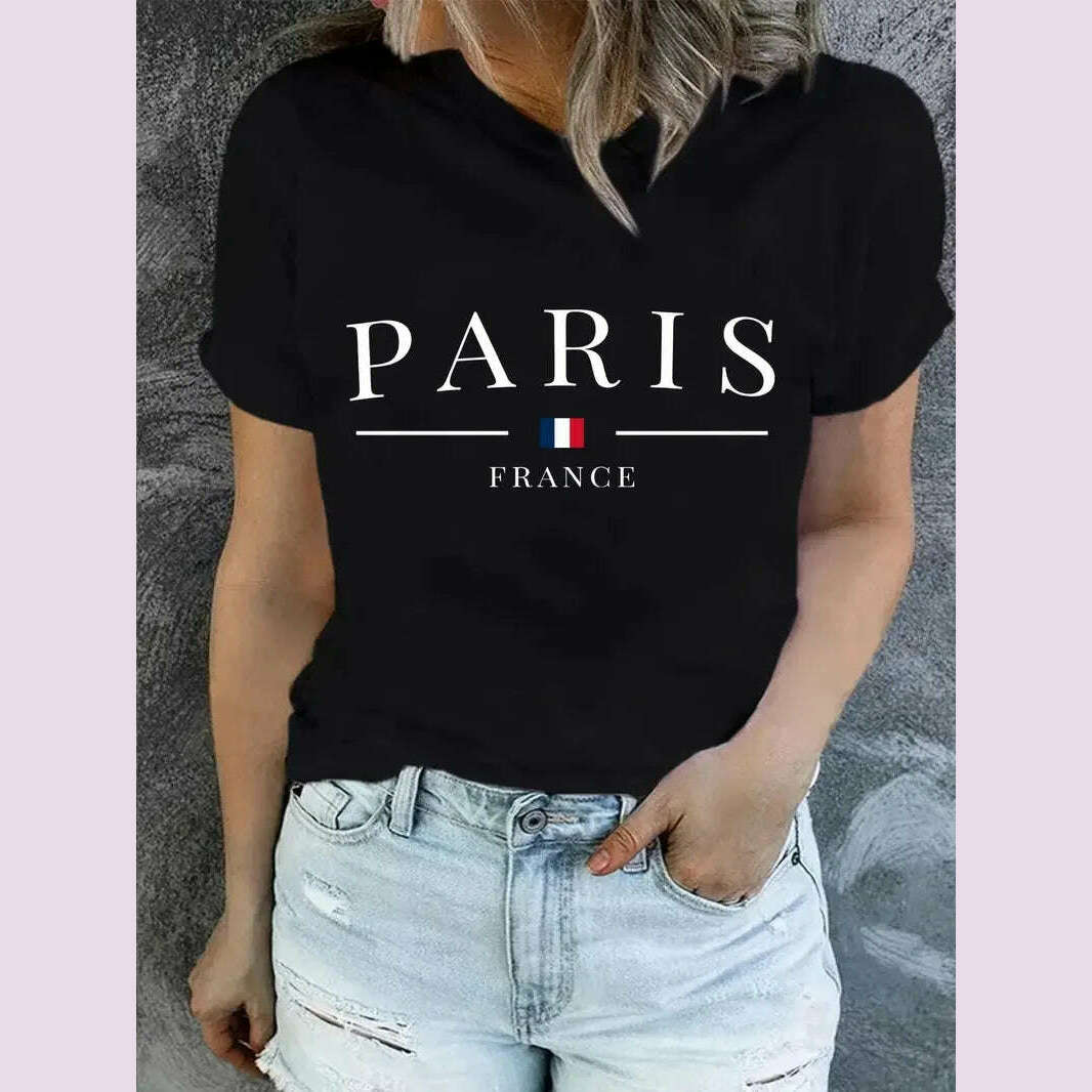 KIMLUD, Plus Size PARIS Print T-shirt, Short Sleeve Crew Neck Casual Top For Summer & Spring, Women's Clothing, YJ013A black / 5XL, KIMLUD APPAREL - Womens Clothes