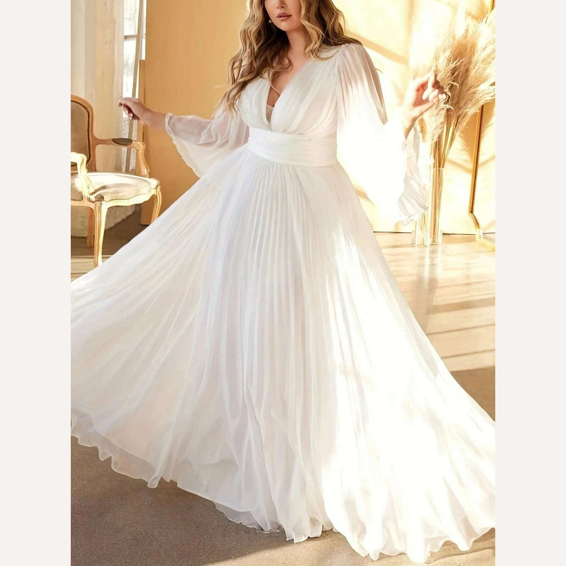 KIMLUD, Plus Size Pleated Elegant Dress Female Solid V Neck Clothing Luxury Dinner Evening Long Robe 2024 Spring Women Party Dress, WHITE / XL, KIMLUD APPAREL - Womens Clothes