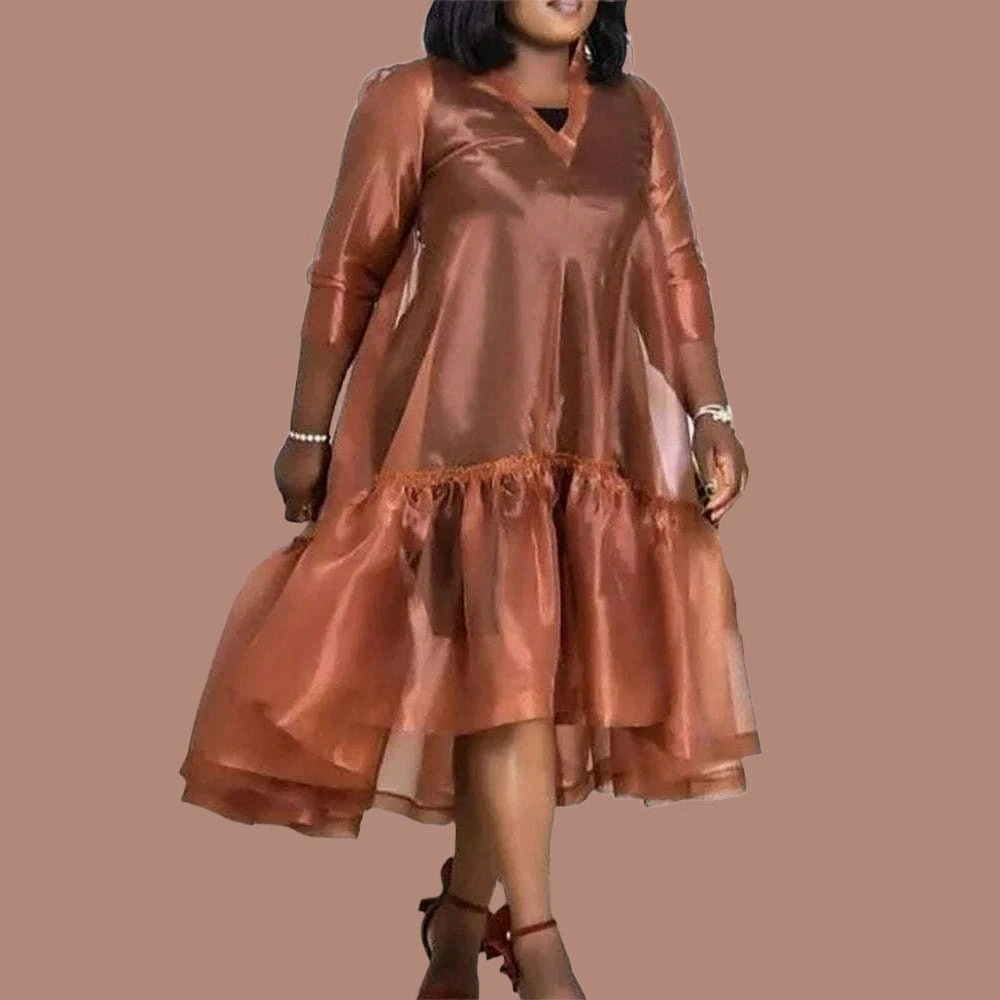 KIMLUD, Plus Size Semi Formal Midi Dresses Casual Brown Fall Winter V Neck 3/4 Sleeve Flounce Organza Midi Dresses, KIMLUD Womens Clothes