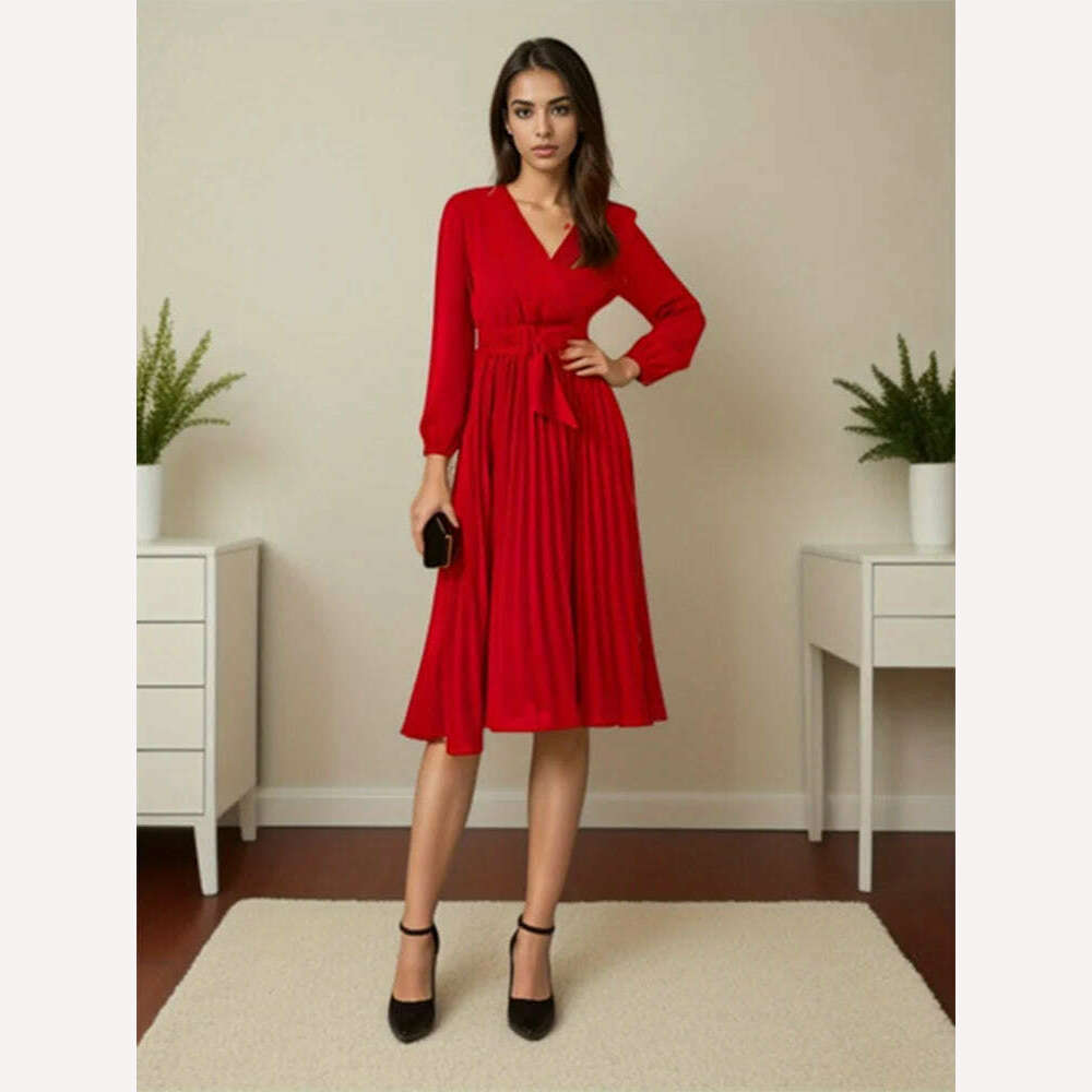 KIMLUD, Plus Size Sexy V-Neck Pleated Party Dress Women Elegant with Belt Long Sleeve Robe Femme European and American Maxi Red Vestido, KIMLUD Womens Clothes