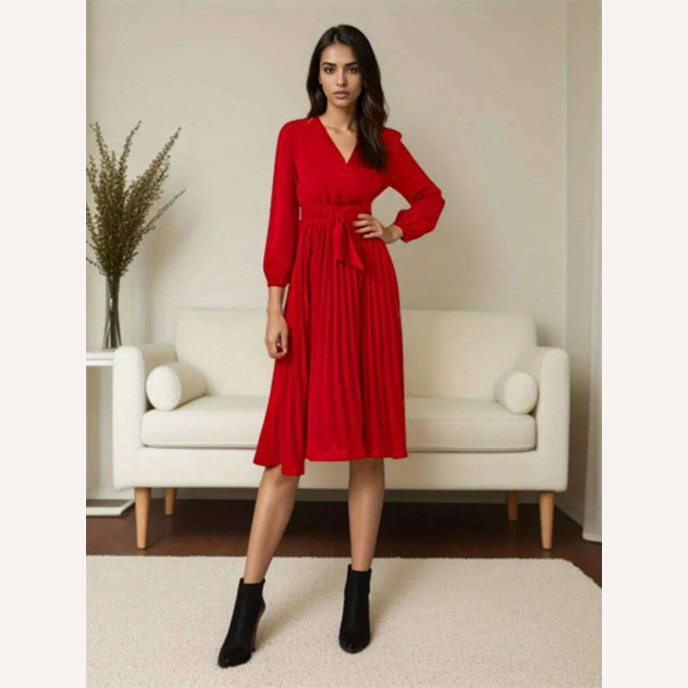 KIMLUD, Plus Size Sexy V-Neck Pleated Party Dress Women Elegant with Belt Long Sleeve Robe Femme European and American Maxi Red Vestido, KIMLUD Womens Clothes