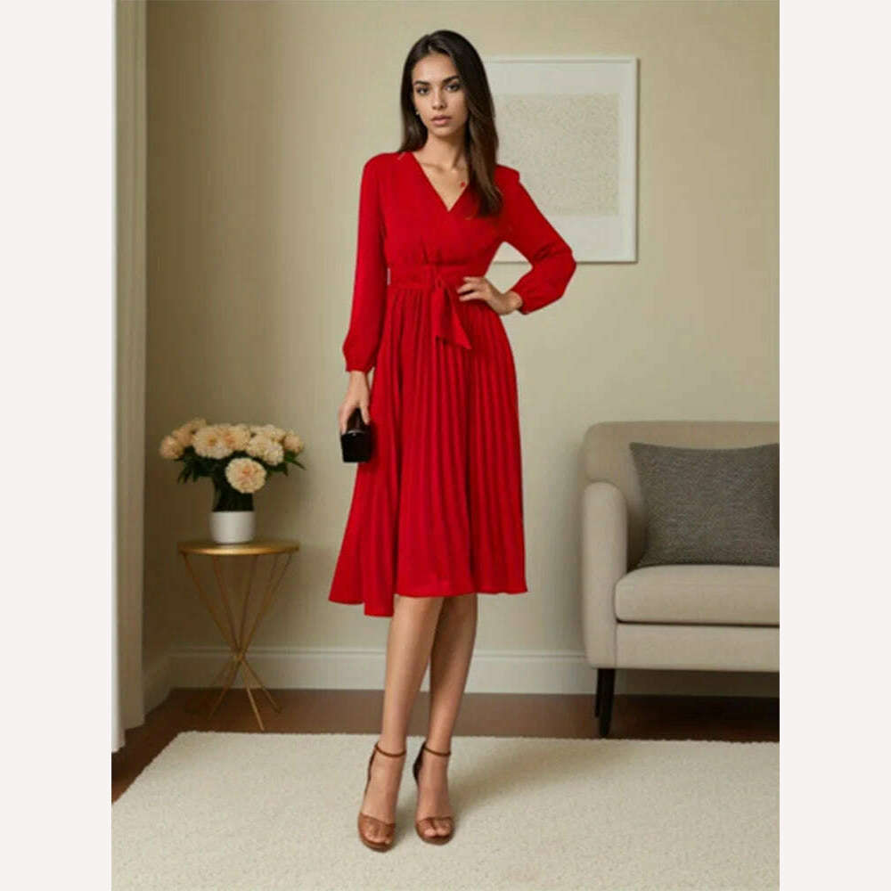 KIMLUD, Plus Size Sexy V-Neck Pleated Party Dress Women Elegant with Belt Long Sleeve Robe Femme European and American Maxi Red Vestido, KIMLUD Womens Clothes