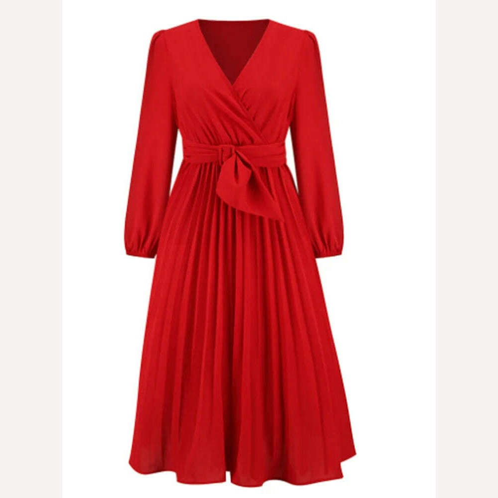 KIMLUD, Plus Size Sexy V-Neck Pleated Party Dress Women Elegant with Belt Long Sleeve Robe Femme European and American Maxi Red Vestido, KIMLUD Womens Clothes