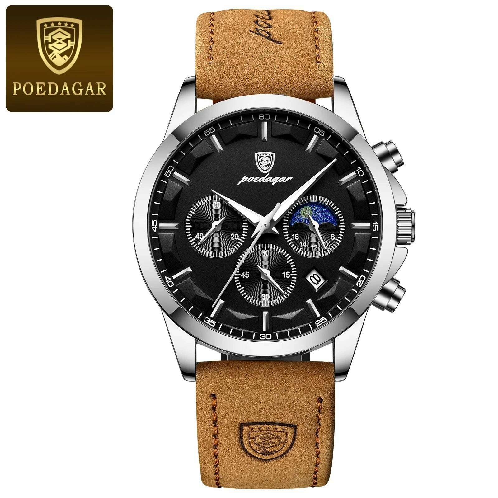 POEDAGAR Men Quartz Watch Luxury Sports Waterproof Chronograph Luminous Date Man Wristwatch Business Leather Men's Watches Clock - KIMLUD