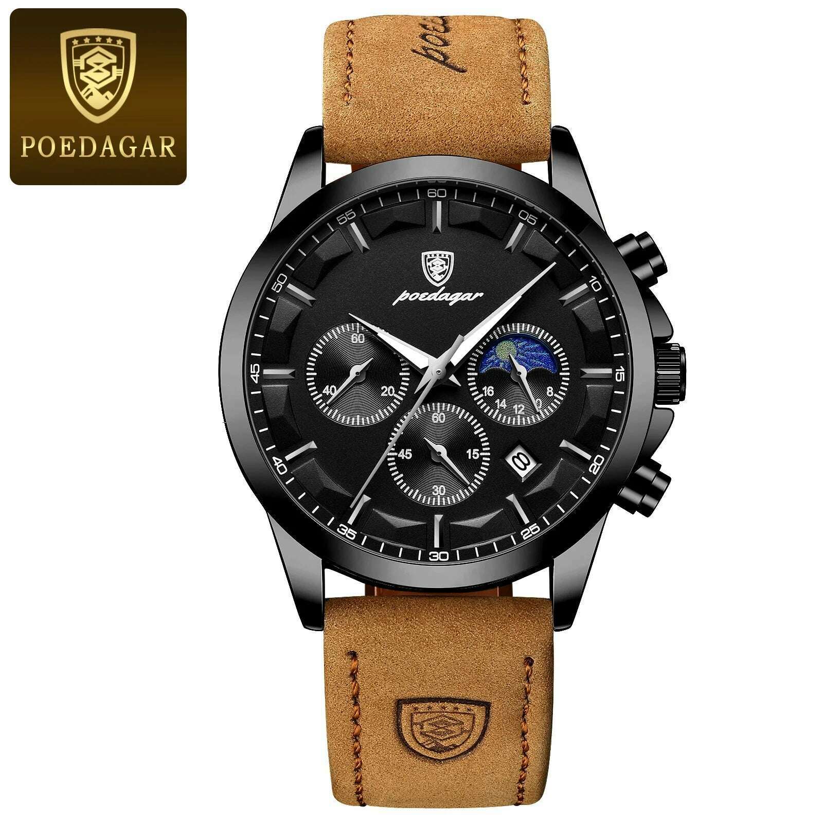 KIMLUD, POEDAGAR Men Quartz Watch Luxury Sports Waterproof Chronograph Luminous Date Man Wristwatch Business Leather Men's Watches Clock, Black Black L / CN, KIMLUD APPAREL - Womens Clothes