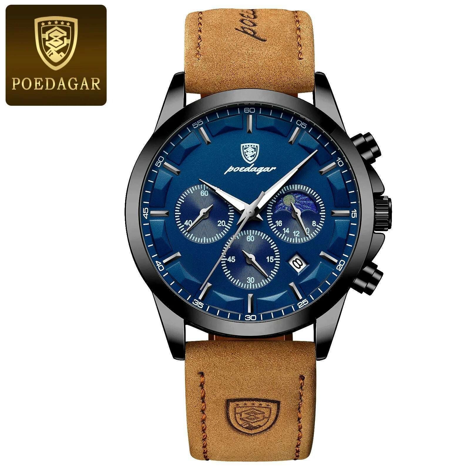 POEDAGAR Men Quartz Watch Luxury Sports Waterproof Chronograph Luminous Date Man Wristwatch Business Leather Men's Watches Clock - KIMLUD