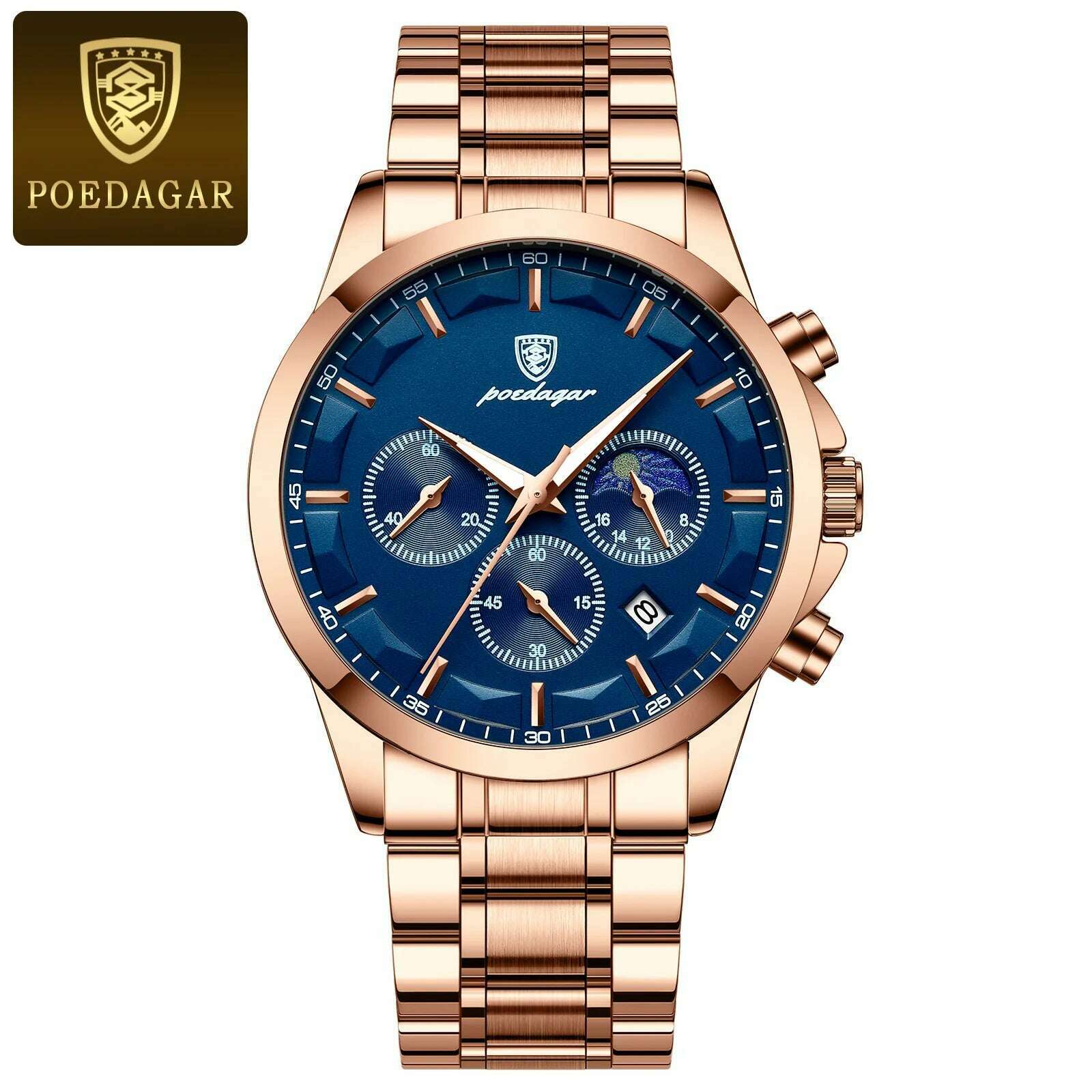 KIMLUD, POEDAGAR Men Quartz Watch Luxury Sports Waterproof Chronograph Luminous Date Man Wristwatch Business Leather Men's Watches Clock, Rose Gold Blue S / CN, KIMLUD APPAREL - Womens Clothes