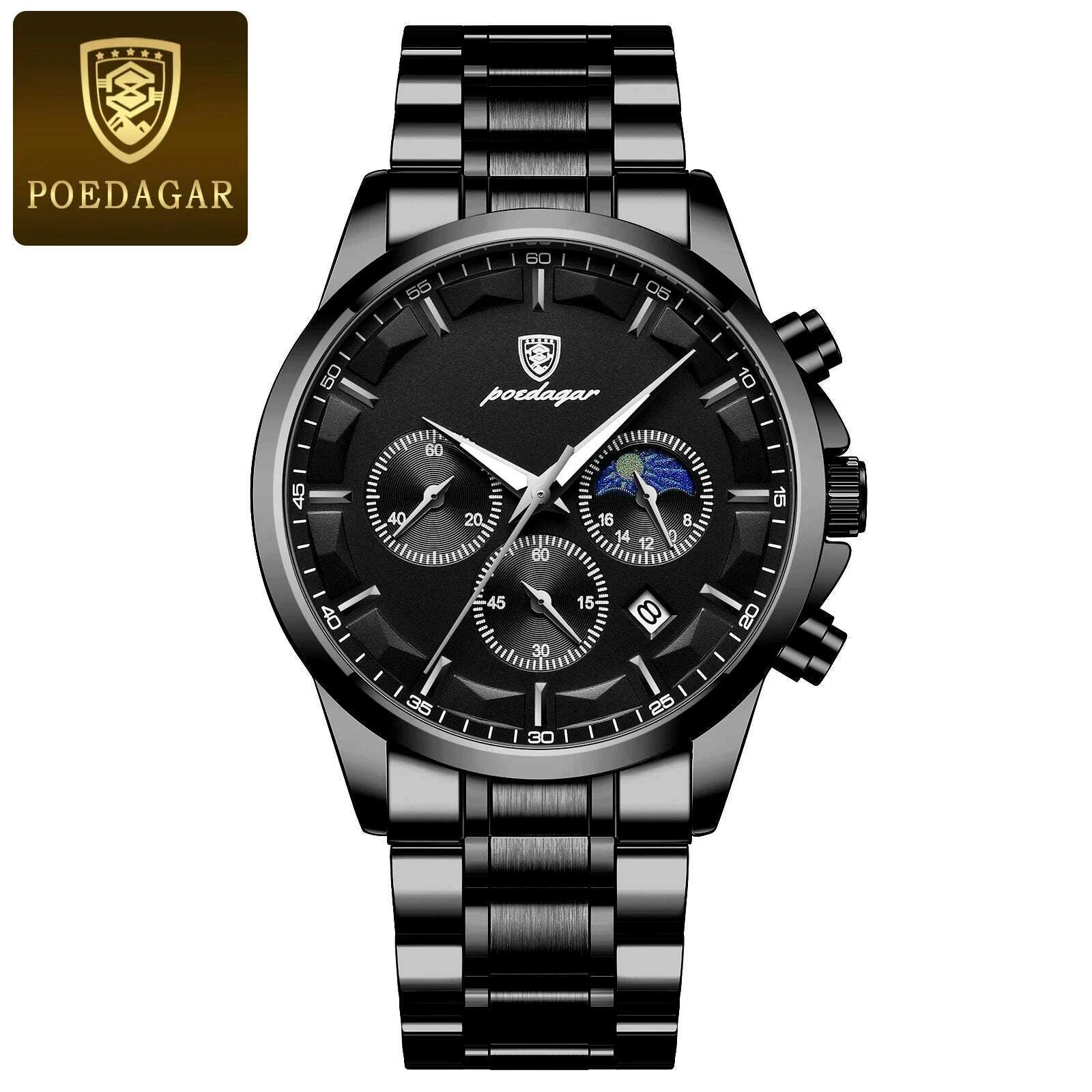 KIMLUD, POEDAGAR Men Quartz Watch Luxury Sports Waterproof Chronograph Luminous Date Man Wristwatch Business Leather Men's Watches Clock, Black Black S / CN, KIMLUD APPAREL - Womens Clothes