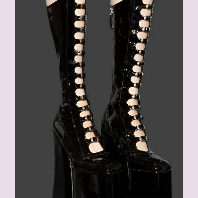 Pole Girls Bright Black Leather Pink Satin Platform Buckle Boots Sexy Hollow Chunky Heel Bling Purple Straps Elegant Zipper Shoe - KIMLUD