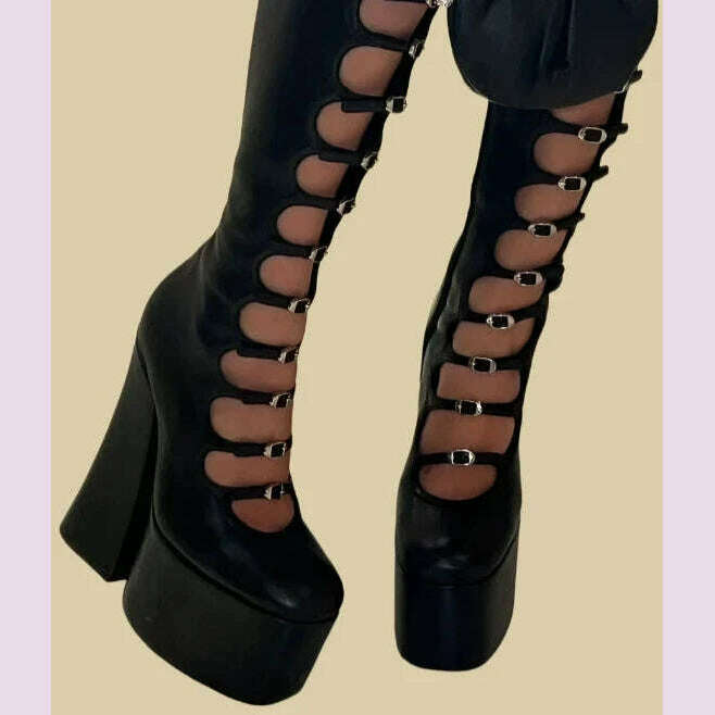 Pole Girls Bright Black Leather Pink Satin Platform Buckle Boots Sexy Hollow Chunky Heel Bling Purple Straps Elegant Zipper Shoe - KIMLUD