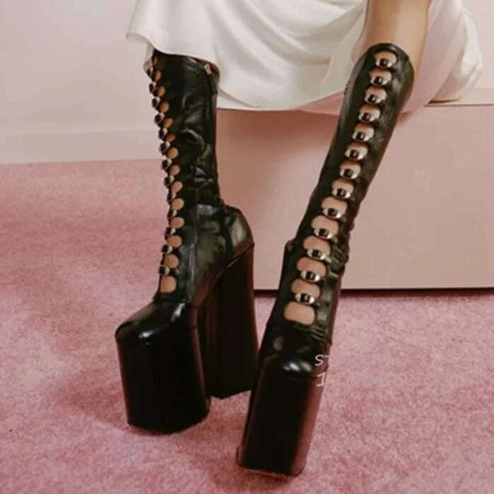 Pole Girls Bright Black Leather Pink Satin Platform Buckle Boots Sexy Hollow Chunky Heel Bling Purple Straps Elegant Zipper Shoe - KIMLUD