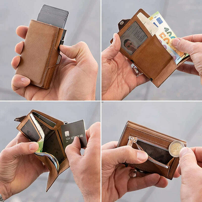 Pop-Up Credit Card Case with RFID Protection Genuine Leather Wallet with Compartment for Notes and Coins for Men and Women - KIMLUD