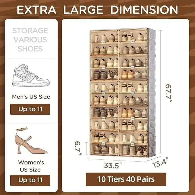 KIMLUD, Portable Shoe Rack Organizer for Closet Entryway,Stackable Sneaker Storage Shoe Cabinet with Magnetic Clear Door, Large Plastic, 10 Tiers 40 Pairs / United States, KIMLUD APPAREL - Womens Clothes