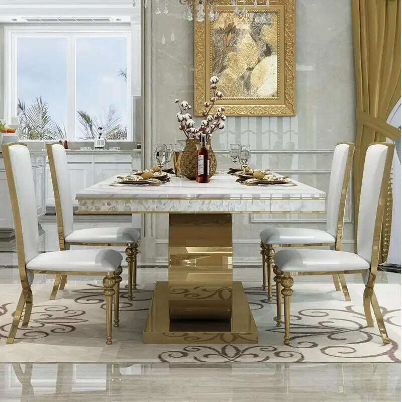 KIMLUD, Post-Modern Marble Top-Grade Dining Table And Chairs Combination Stainless Steel Top Crown Apartment Golden Carved Furniture, KIMLUD Womens Clothes