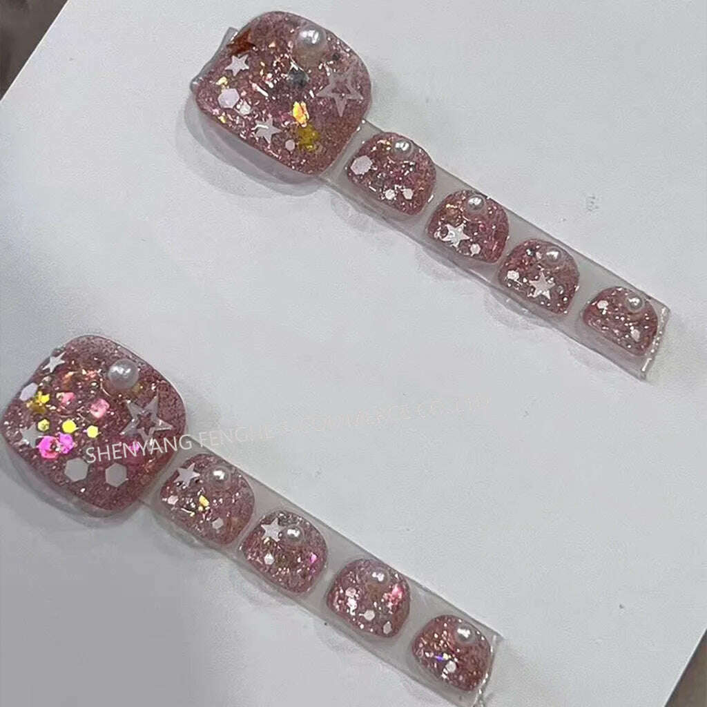 Press On Nail For Toes,Pink Stars Sequin Little Pearls Press On Nail - KIMLUD