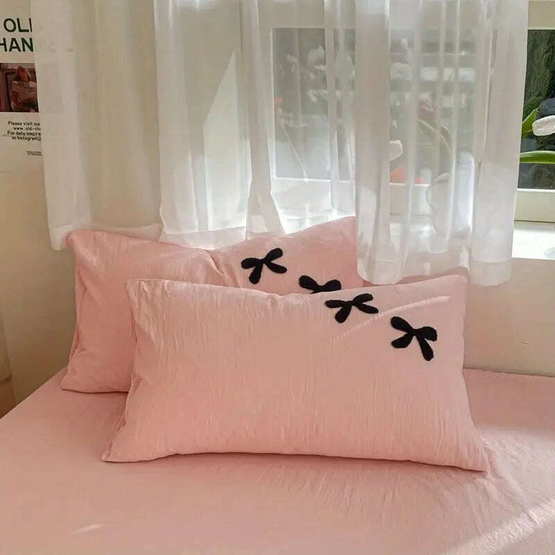 KIMLUD, Princess Bowknot Bedding Set Pink Duvet Cover Bed Flat Sheet Girls Solid Color Bed Linens Washed Cotton Bedclothes Single Double, KIMLUD Womens Clothes