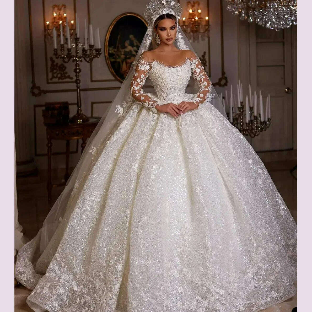 KIMLUD, Princess Wedding Dresses Vintage Lace Up Ball Gowns Beading Bridal Shinny Tulle Long Sleeves Elegant Luxury Marriage Dress 2024, KIMLUD Womens Clothes