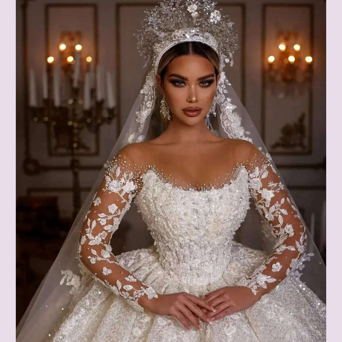 Princess Wedding Dresses Vintage Lace Up Ball Gowns Beading Bridal Shinny Tulle Long Sleeves Elegant Luxury Marriage Dress 2024 - KIMLUD