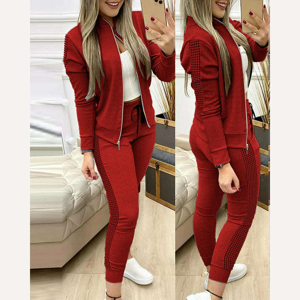 KIMLUD, Trend Leopard 2 Two Piece Set Women Outfits Activewear Zipper Top Leggings Women Matching Set Tracksuit Female Outfits for Women, Red / S, KIMLUD APPAREL - Womens Clothes