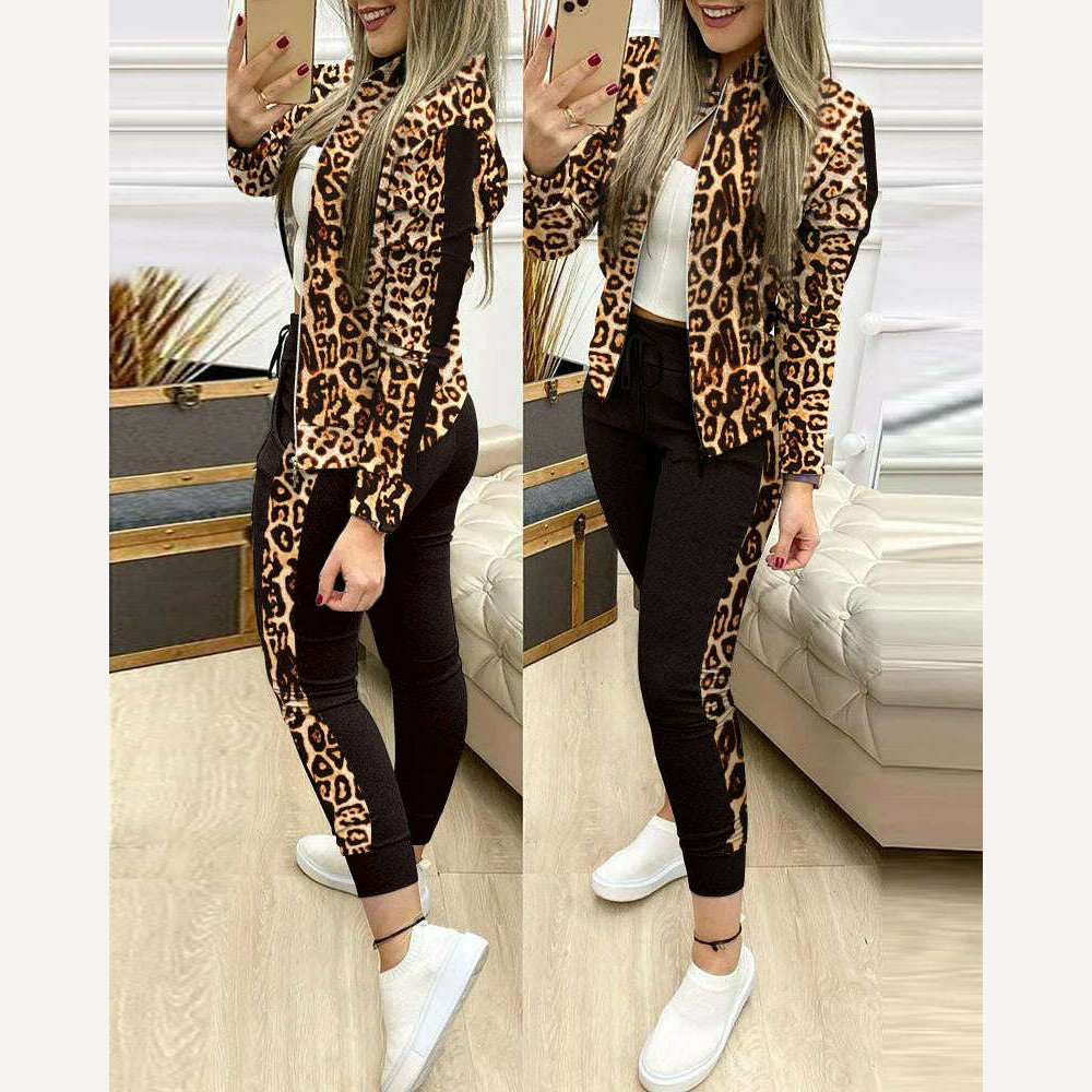 KIMLUD, Trend Leopard 2 Two Piece Set Women Outfits Activewear Zipper Top Leggings Women Matching Set Tracksuit Female Outfits for Women, Leopard / S, KIMLUD APPAREL - Womens Clothes