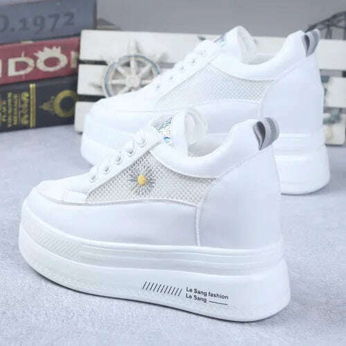 KIMLUD, 2022 Summer New Mesh Breathable Thick Bottom Increased 10CM White Shoes All-match Casual Ladies Sneakers Shoes, Sliver / 37, KIMLUD Womens Clothes