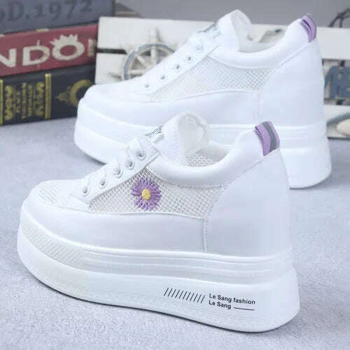 KIMLUD, 2022 Summer New Mesh Breathable Thick Bottom Increased 10CM White Shoes All-match Casual Ladies Sneakers Shoes, Purple / 35, KIMLUD Womens Clothes